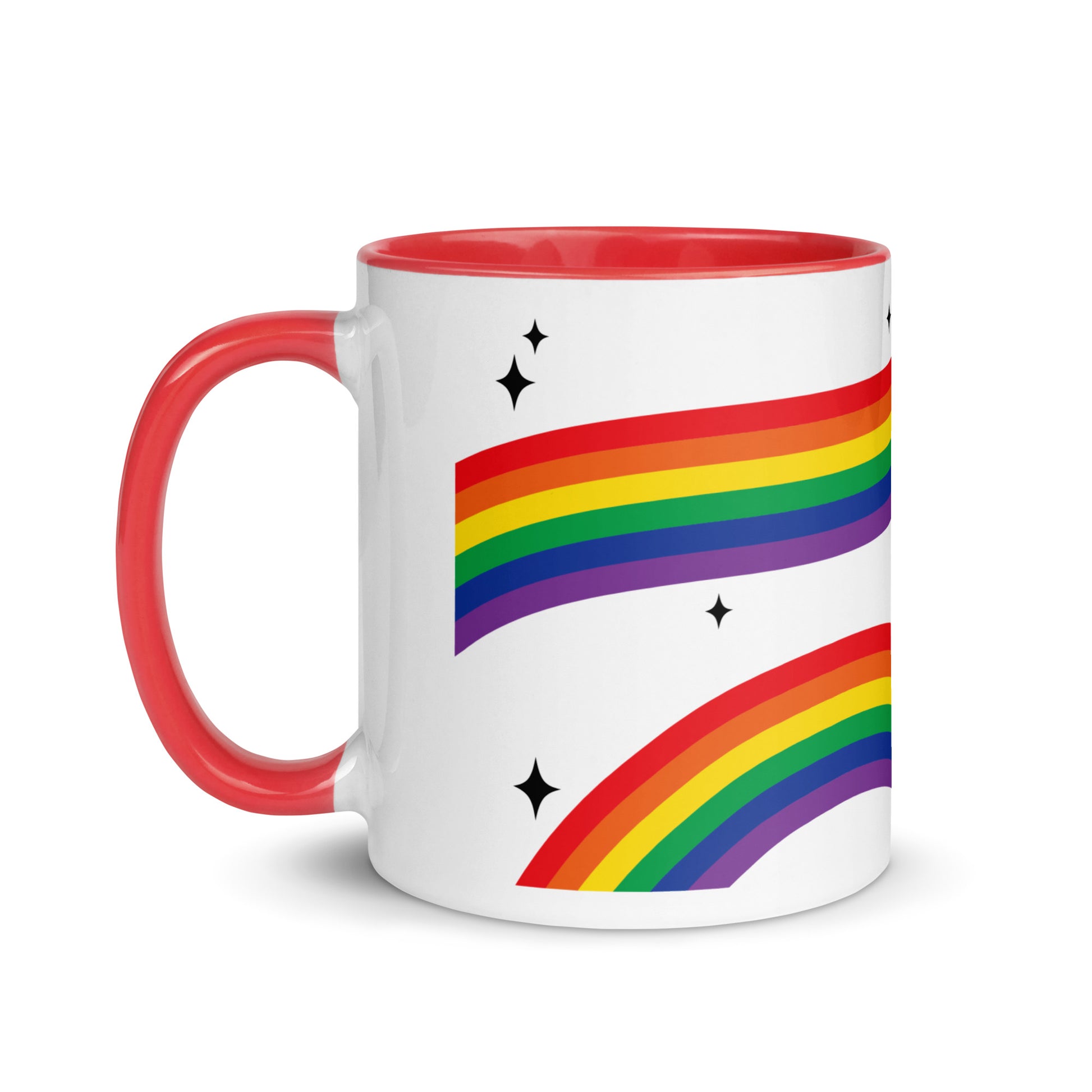 Love is Love Rainbow Pride Accent Coffee Mug LGBTQIA Gift Spinsterly Co ceramic mug with red handle and rainbow stripe