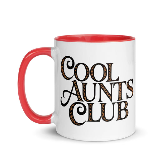 Cool Aunts Club Accent Coffee Mug by Spinsterly Co with glossy white ceramic and red interior, leopard print lettering