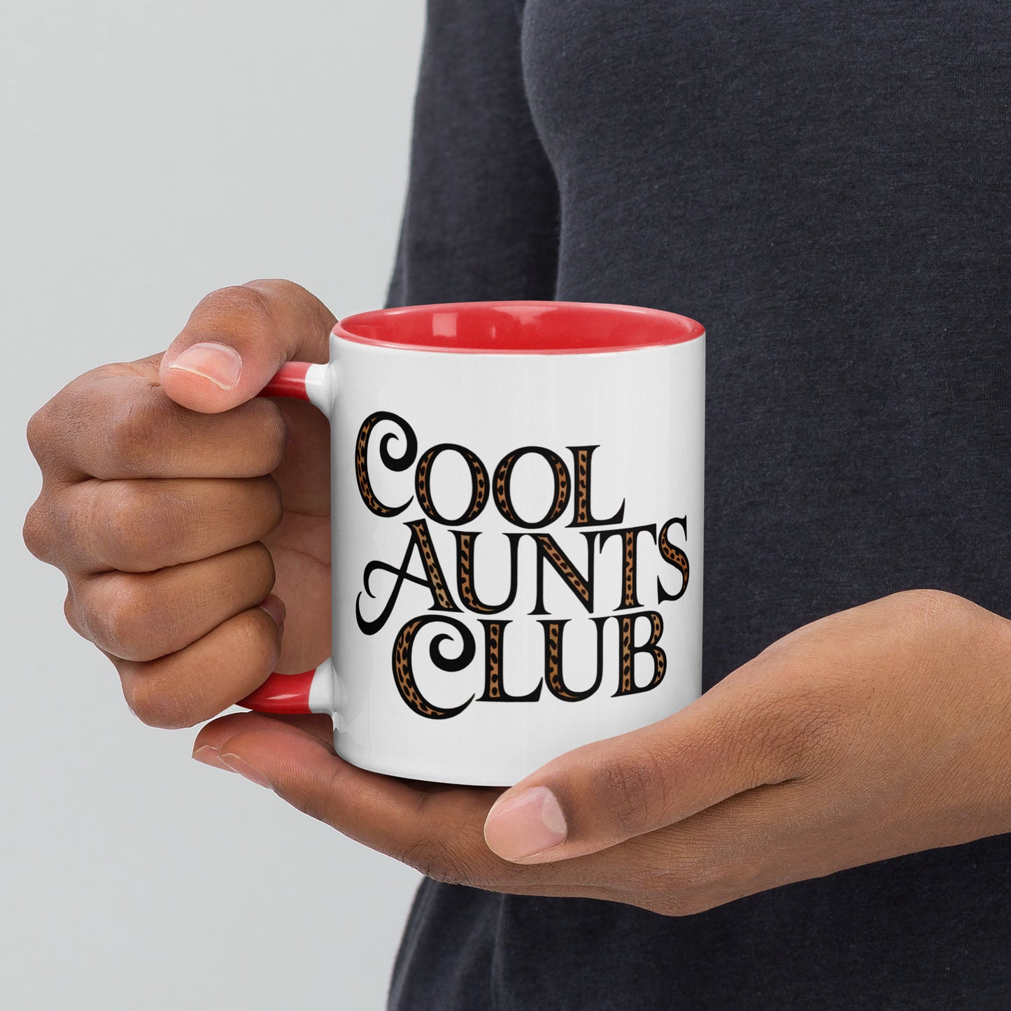 Cool Aunts Club Accent Coffee Mug by Spinsterly Co with red interior and leopard print lettering on glossy ceramic
