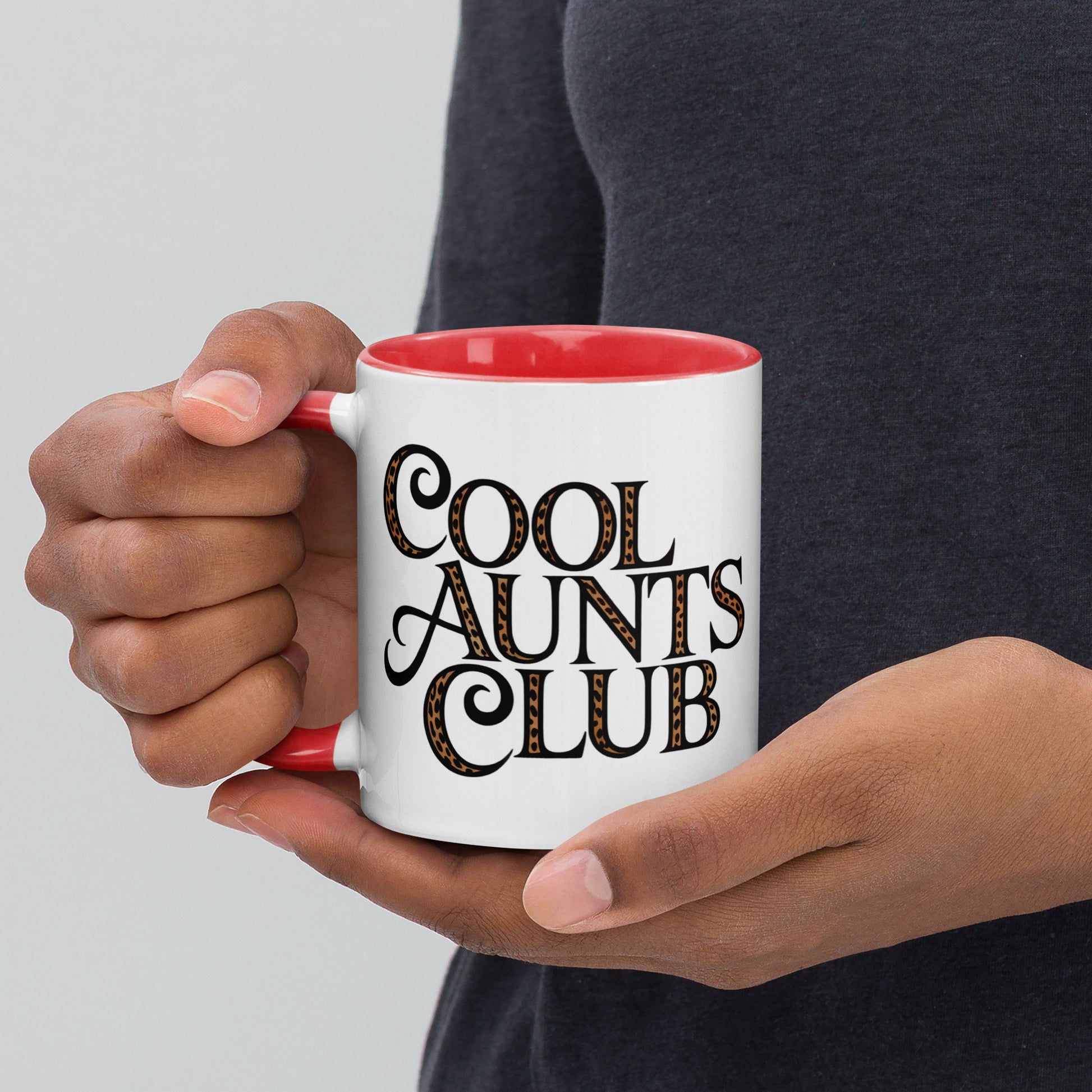 Cool Aunts Club Accent Coffee Mug by Spinsterly Co with red interior and leopard print lettering on glossy ceramic