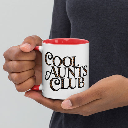 Cool Aunts Club Accent Coffee Mug by Spinsterly Co with red interior and leopard print lettering on glossy ceramic