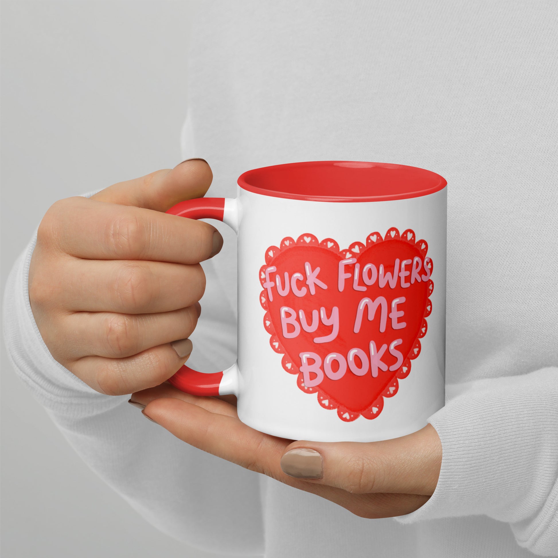 Fck Flowers Buy Me Books Heart Accent Coffee Mug by Spinsterly Co, glossy ceramic with red heart print