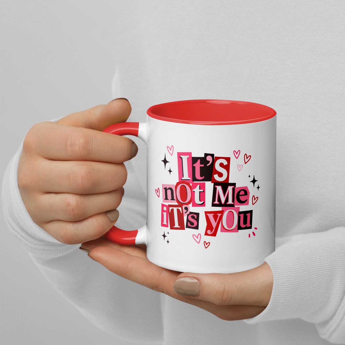 It's Not Me It's You Ransom Note Accent Coffee Mug by Spinsterly Co, glossy white with red interior and hearts