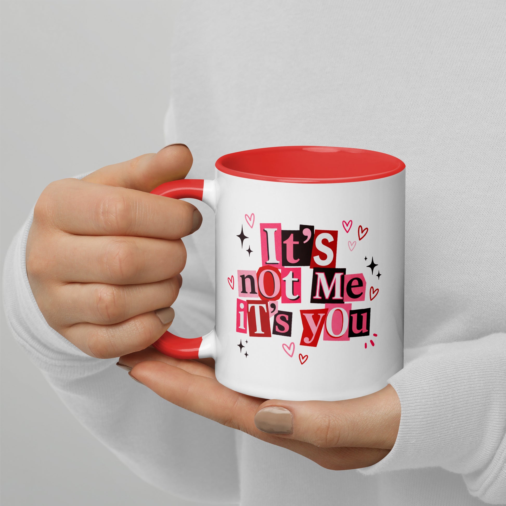 It's Not Me It's You Ransom Note Accent Coffee Mug by Spinsterly Co, glossy white with red interior and hearts