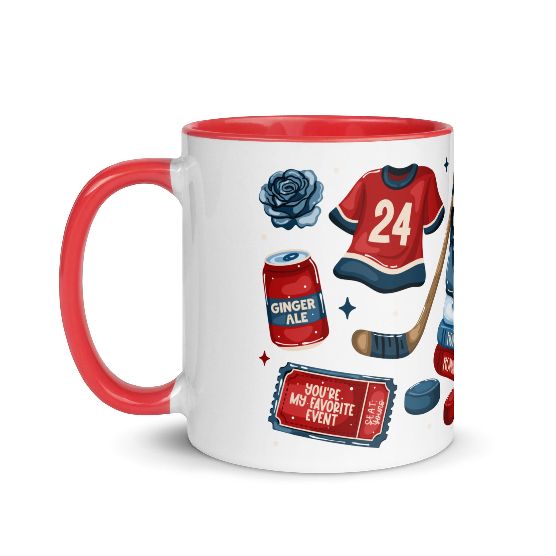Queer Hockey Romance Scatter Pattern Accent Coffee Mug by Spinsterly Co, red interior, glossy ceramic finish