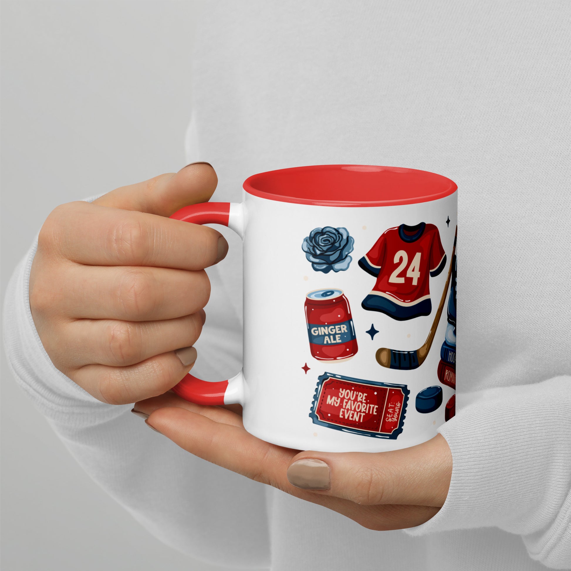 Queer Hockey Romance Scatter Pattern Accent Coffee Mug by Spinsterly Co in red interior with glossy ceramic finish