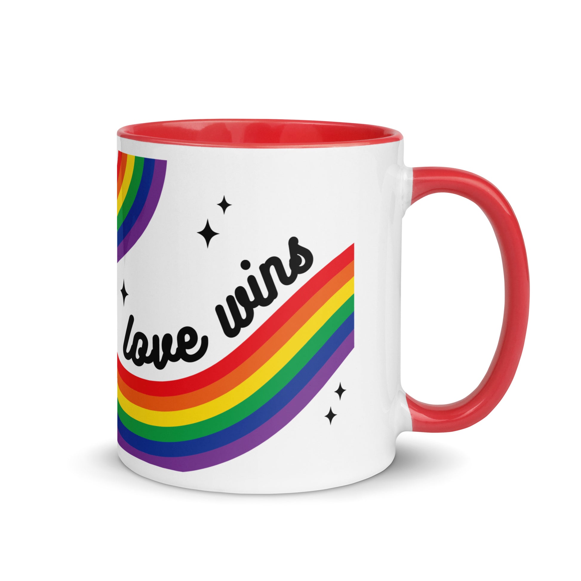 Love is Love Rainbow Pride Accent Coffee Mug LGBTQIA Gift Spinsterly Co ceramic mug with rainbow stripe and stars