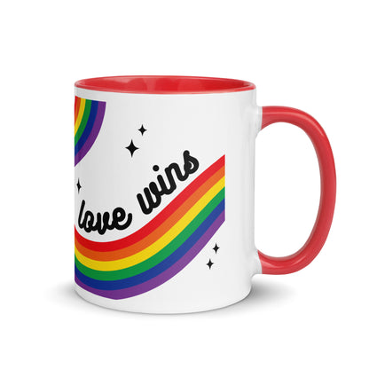 Love is Love Rainbow Pride Accent Coffee Mug LGBTQIA Gift Spinsterly Co ceramic mug with rainbow stripe and stars