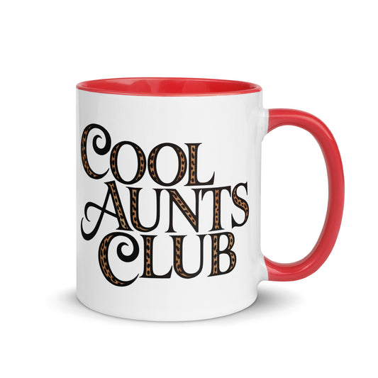 Cool Aunts Club Accent Coffee Mug Spinsterly Co ceramic mug with red interior and glossy leopard print lettering