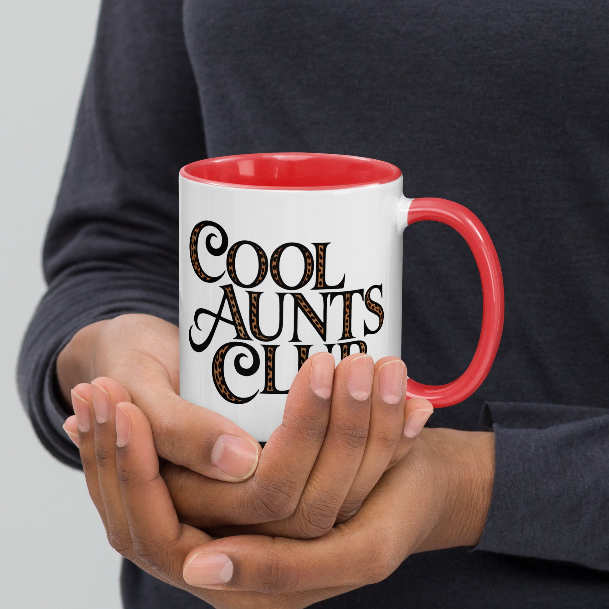 Cool Aunts Club Accent Coffee Mug by Spinsterly Co with glossy red interior and leopard print lettering