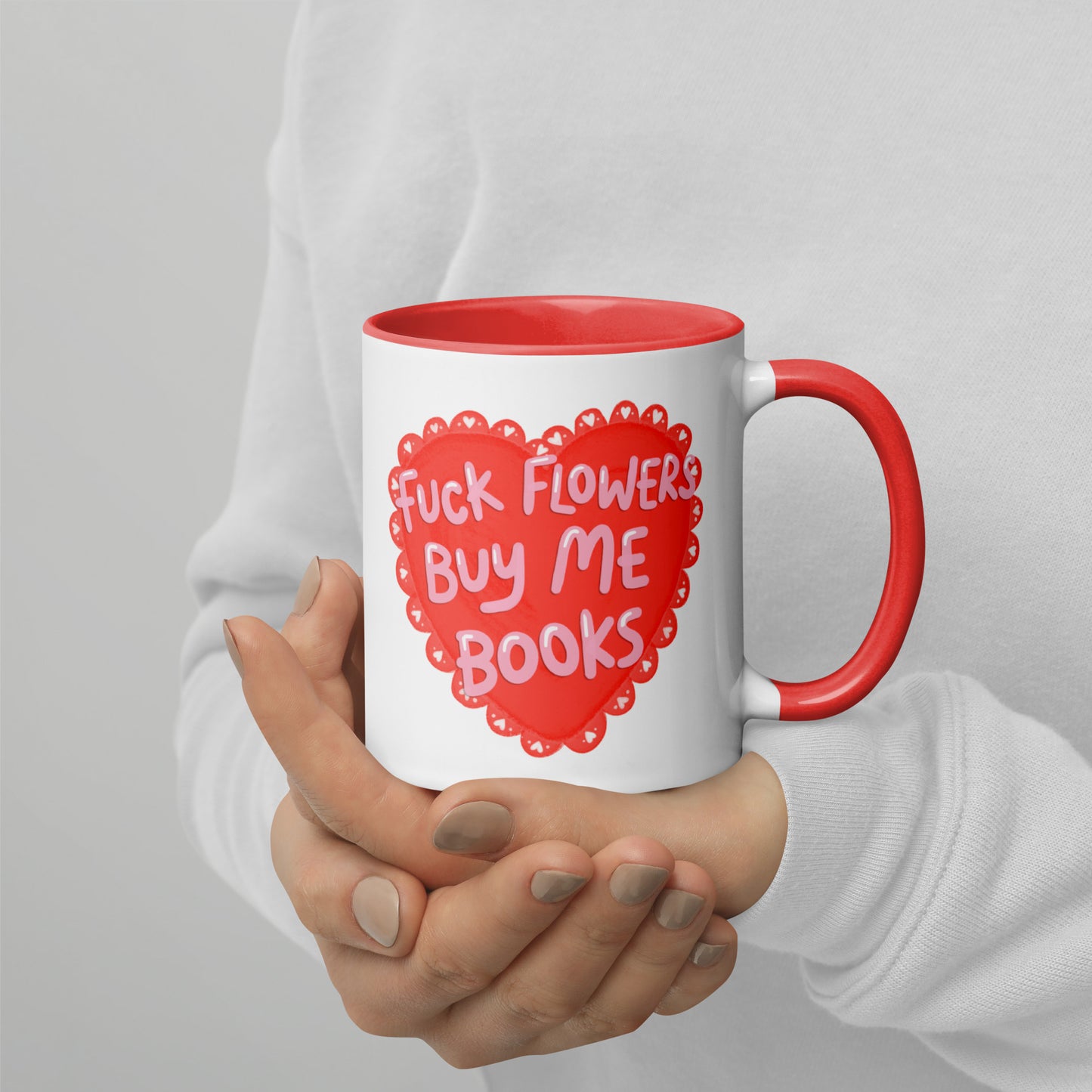 Fck Flowers Buy Me Books Heart Accent Coffee Mug by Spinsterly Co in red and white glossy ceramic with heart print