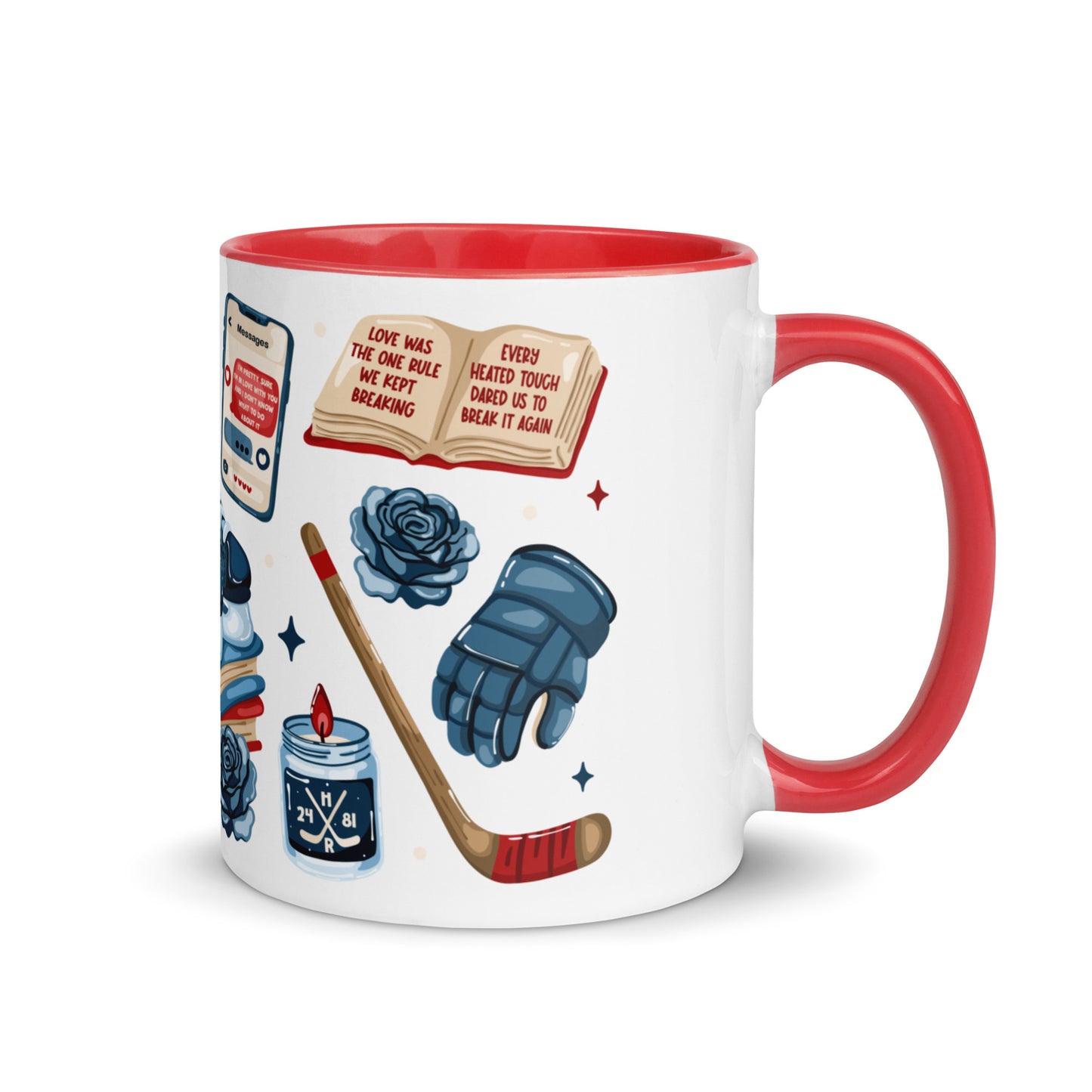 Queer Hockey Romance Scatter Pattern Accent Coffee Mug by Spinsterly Co, glossy ceramic with red interior