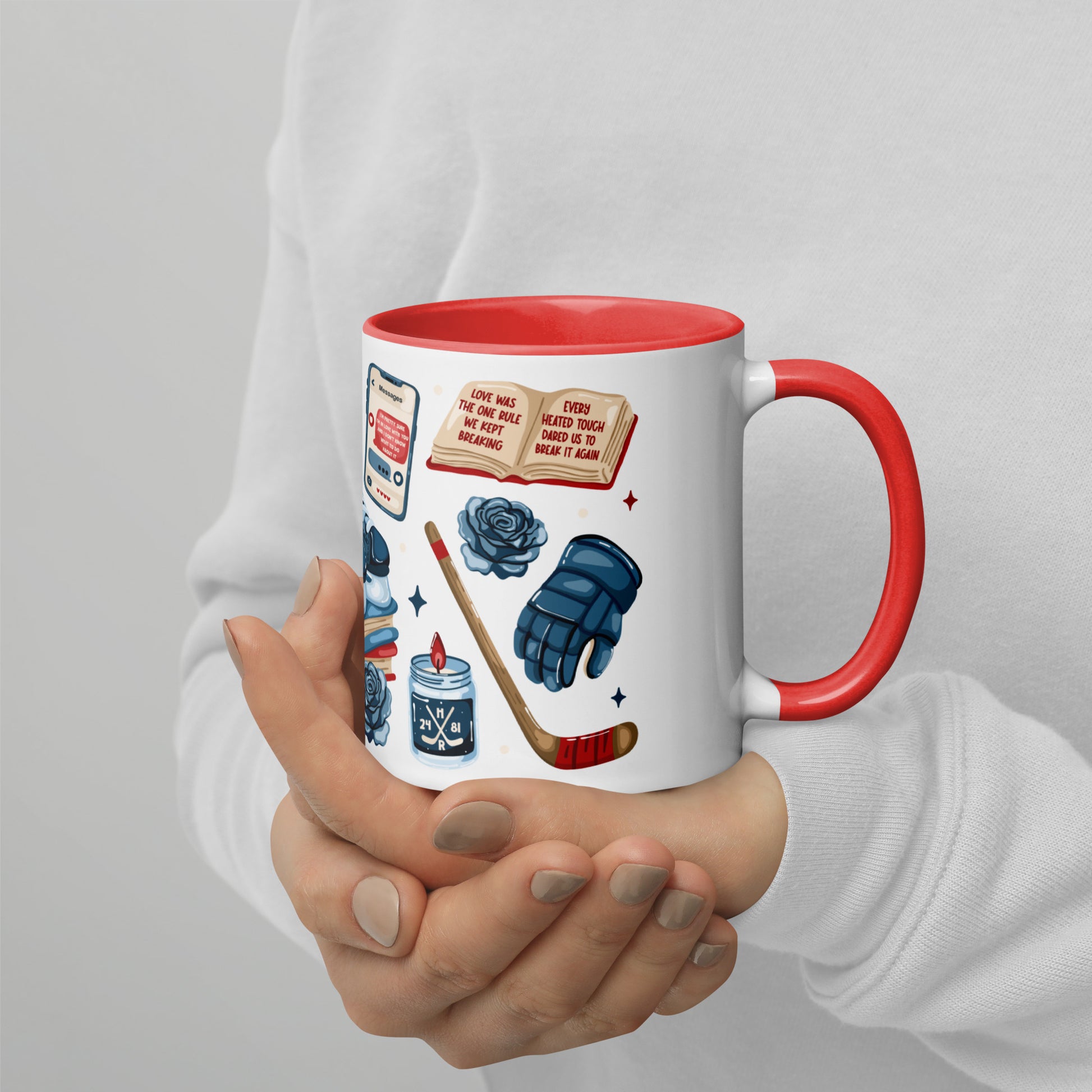 Queer Hockey Romance Scatter Pattern Accent Coffee Mug Spinsterly Co ceramic mug with glossy red interior