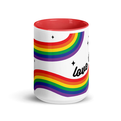 Love is Love Rainbow Pride Accent Coffee Mug LGBTQIA Gift by Spinsterly Co, red ceramic with rainbow stripe