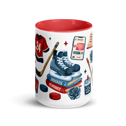 Queer Hockey Romance Scatter Pattern Accent Coffee Mug by Spinsterly Co, glossy ceramic with red interior