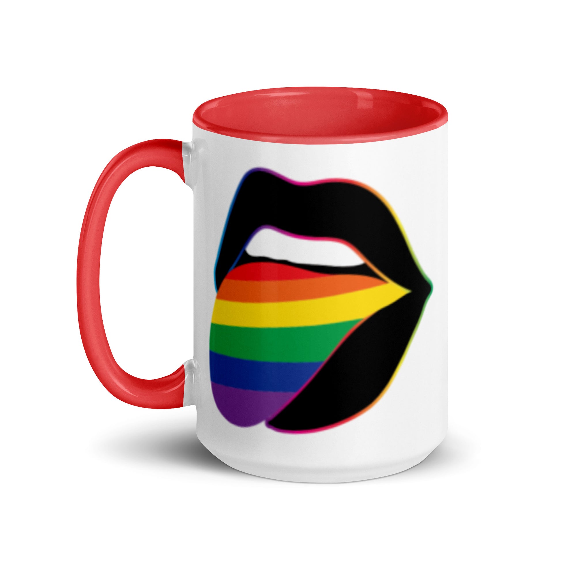 Pride Lips Mug Rainbow LGBTQ Ceramic Mug by Spinsterly Co with red glossy ceramic and rainbow lips design