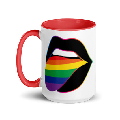 Pride Lips Mug Rainbow LGBTQ Ceramic Mug by Spinsterly Co with red glossy ceramic and rainbow lips design