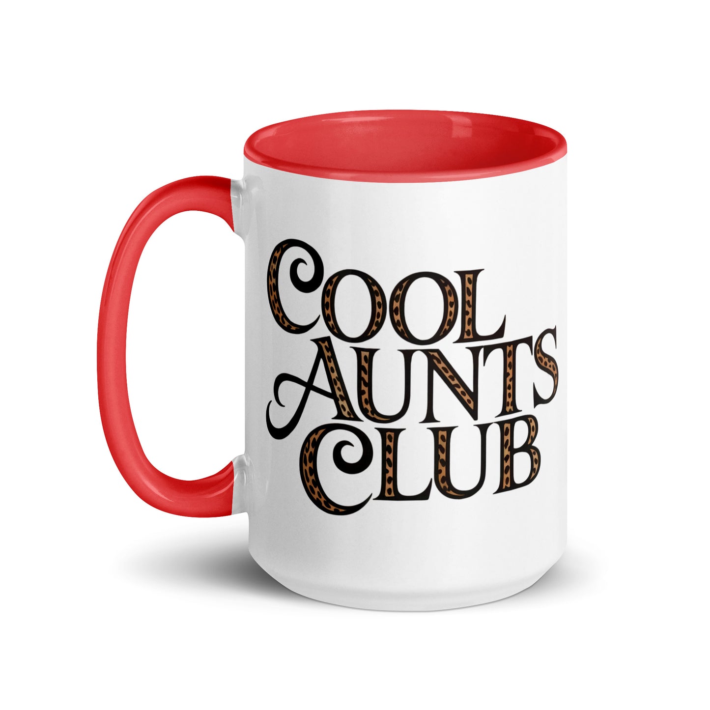 Cool Aunts Club Accent Coffee Mug by Spinsterly Co in glossy white with red interior and leopard print lettering