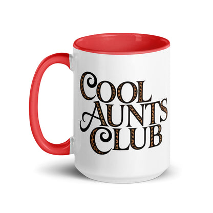 Cool Aunts Club Accent Coffee Mug by Spinsterly Co in glossy white with red interior and leopard print lettering