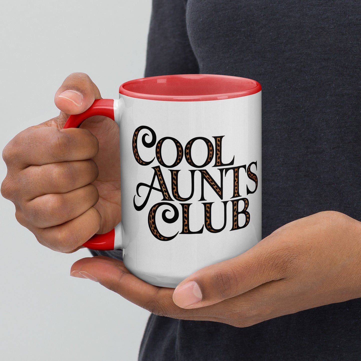 Cool Aunts Club Accent Coffee Mug Spinsterly Co ceramic mug with red interior and glossy leopard print lettering