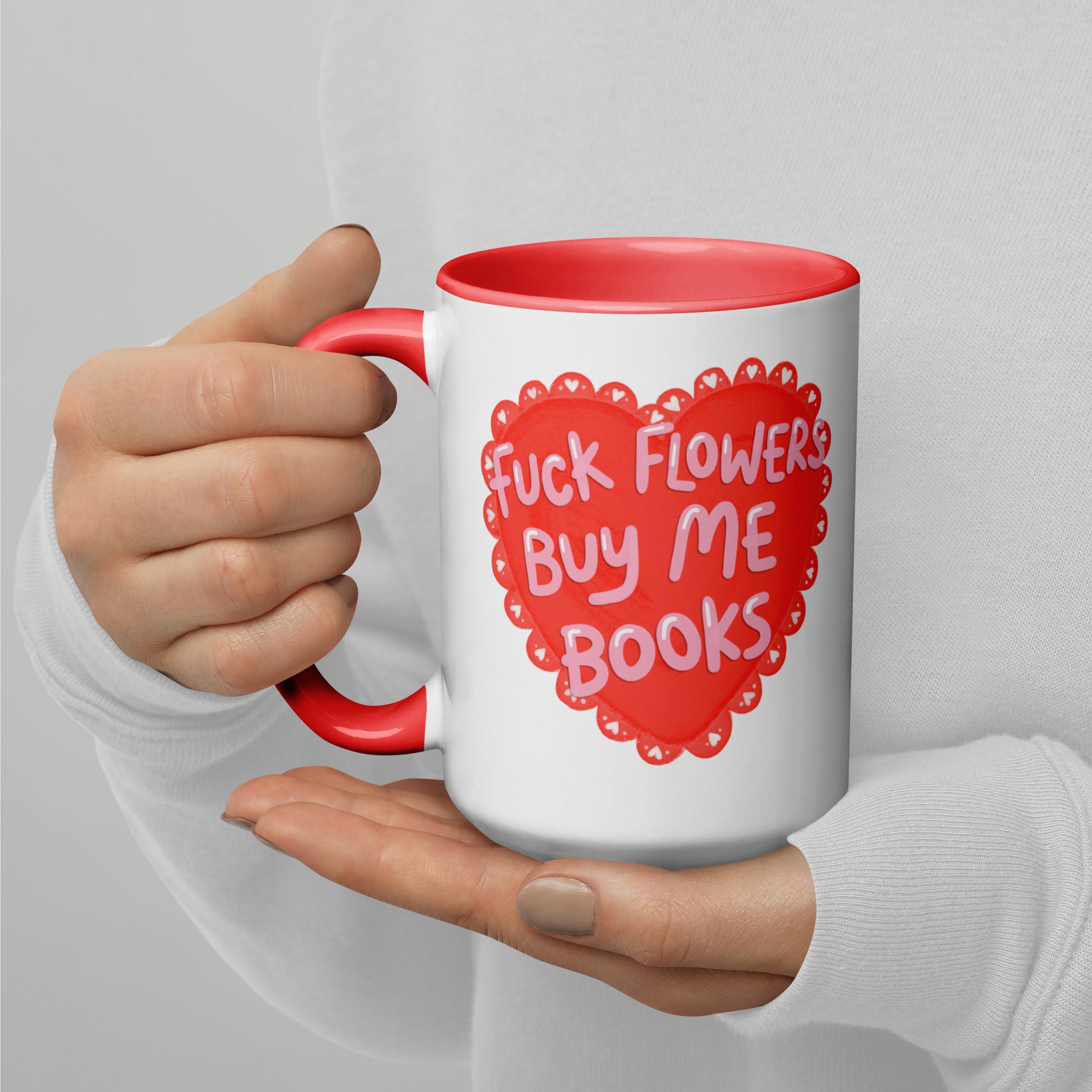 Fck Flowers Buy Me Books Heart Accent Coffee Mug Spinsterly Co ceramic mug with glossy red heart design