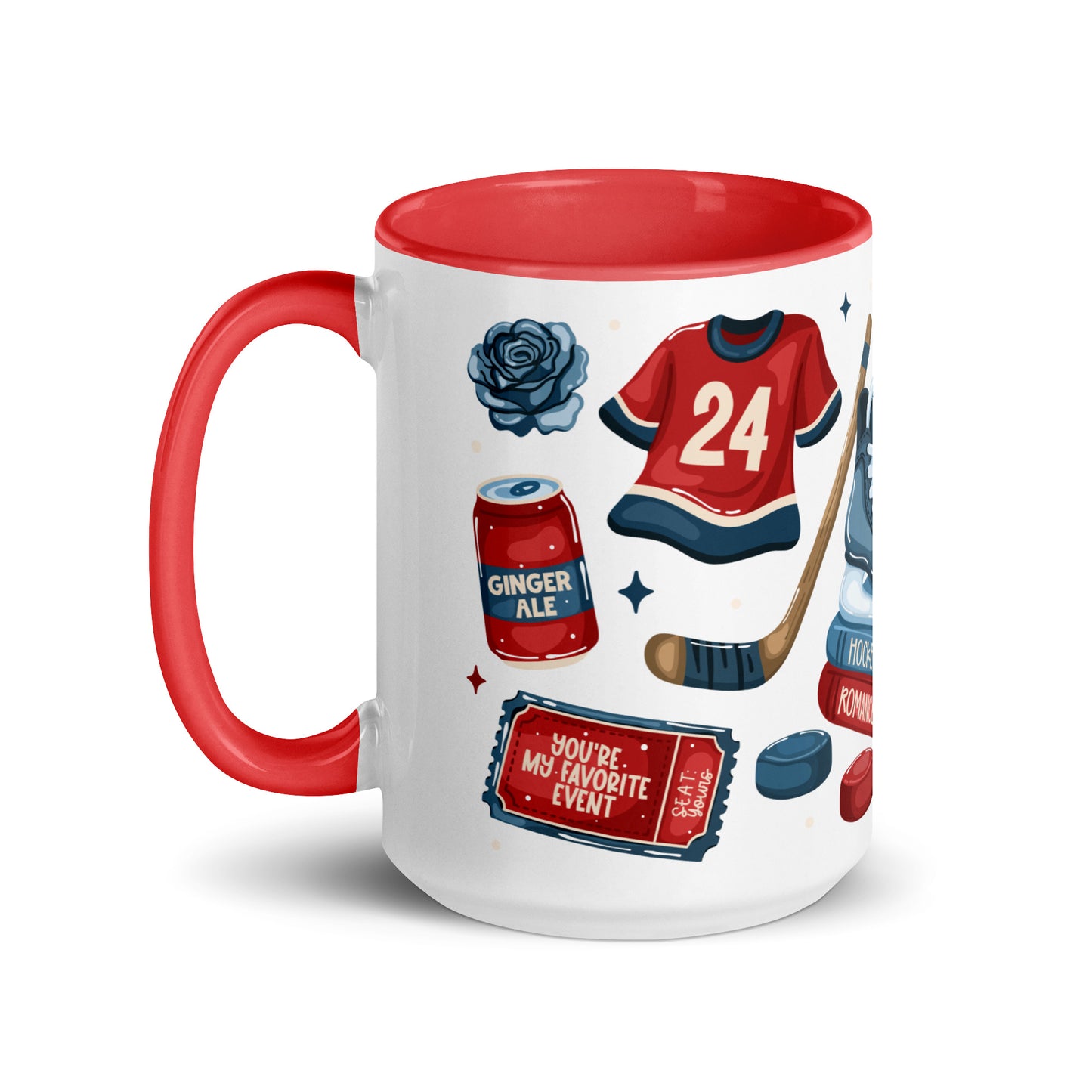 Queer Hockey Romance Scatter Pattern Accent Coffee Mug by Spinsterly Co, glossy ceramic with red interior