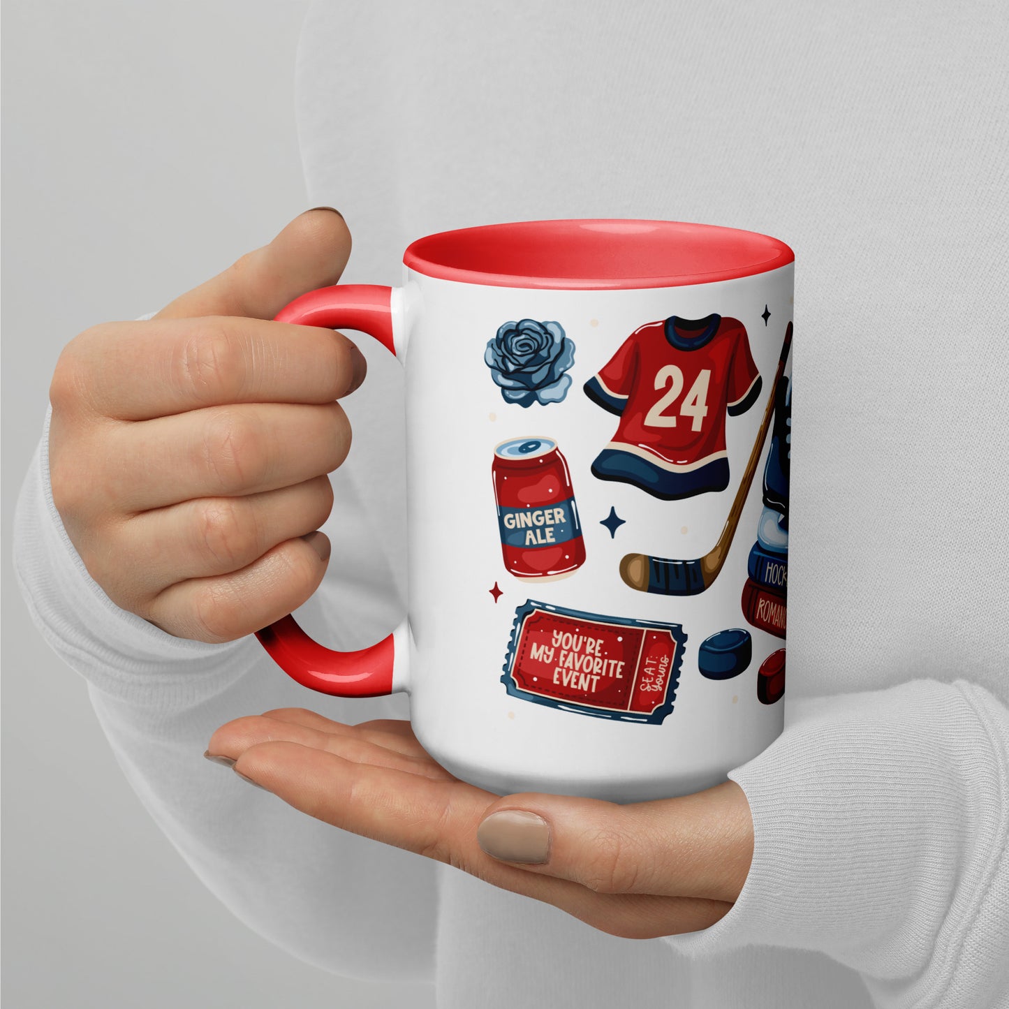 Queer Hockey Romance Scatter Pattern Accent Coffee Mug by Spinsterly Co, glossy ceramic with red interior