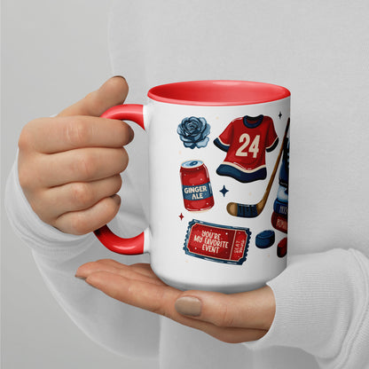 Queer Hockey Romance Scatter Pattern Accent Coffee Mug by Spinsterly Co, glossy ceramic with red interior