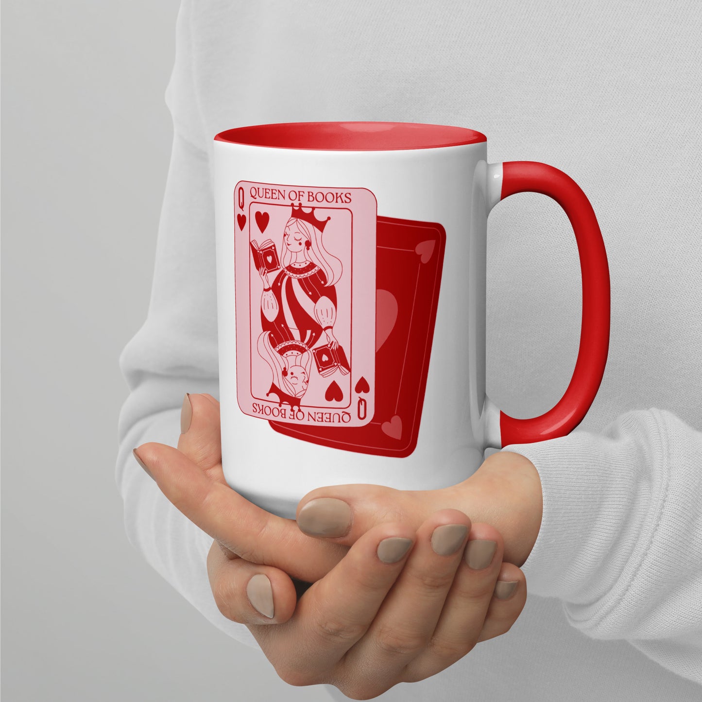 Queen of Books Playing Card Accent Coffee Mug Spinsterly Co red and white ceramic mug with crowned queen holding a book