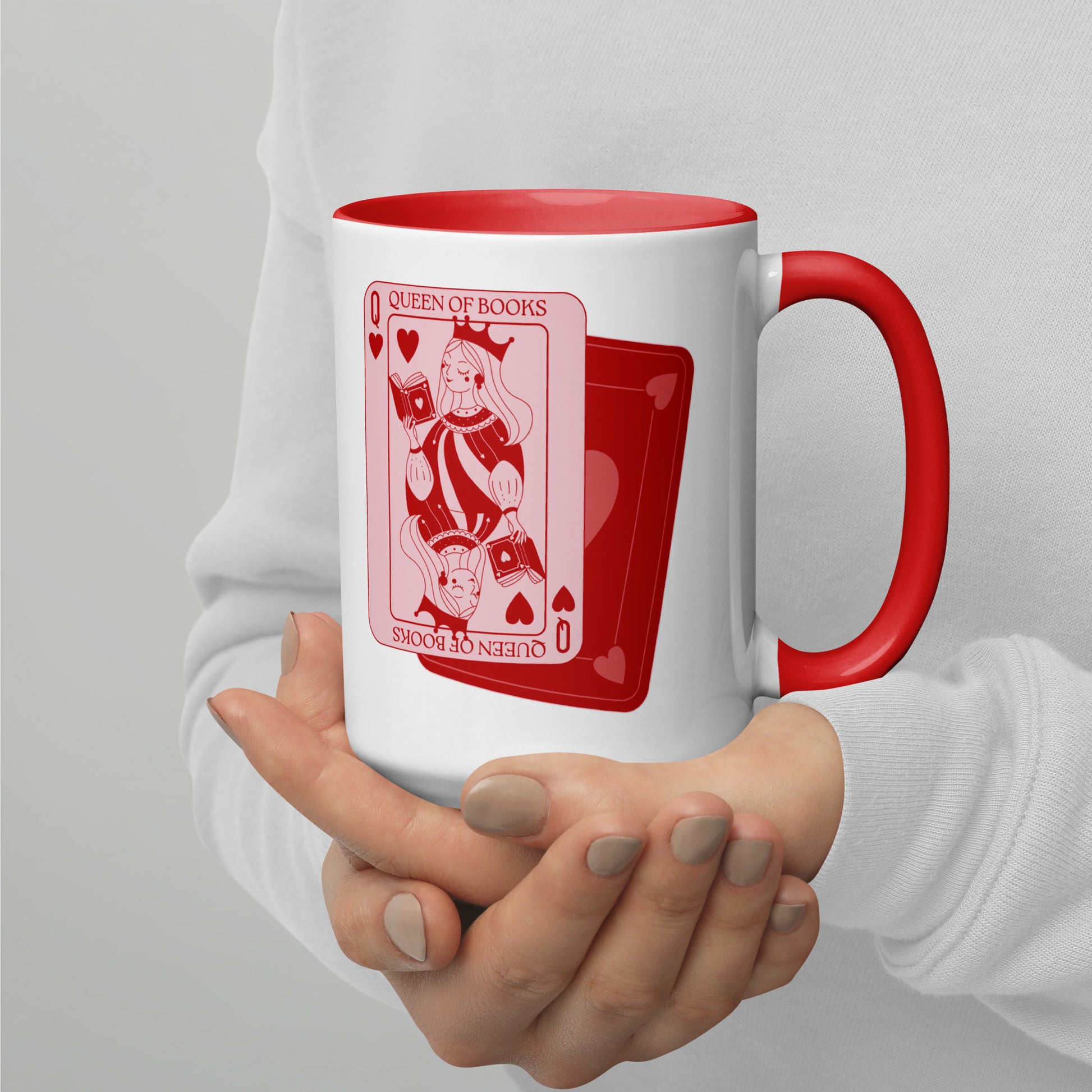 Queen of Books Playing Card Accent Coffee Mug Spinsterly Co red and white ceramic mug with crowned queen holding a book