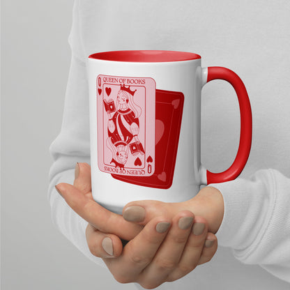 Queen of Books Playing Card Accent Coffee Mug Spinsterly Co red and white ceramic mug with crowned queen holding a book
