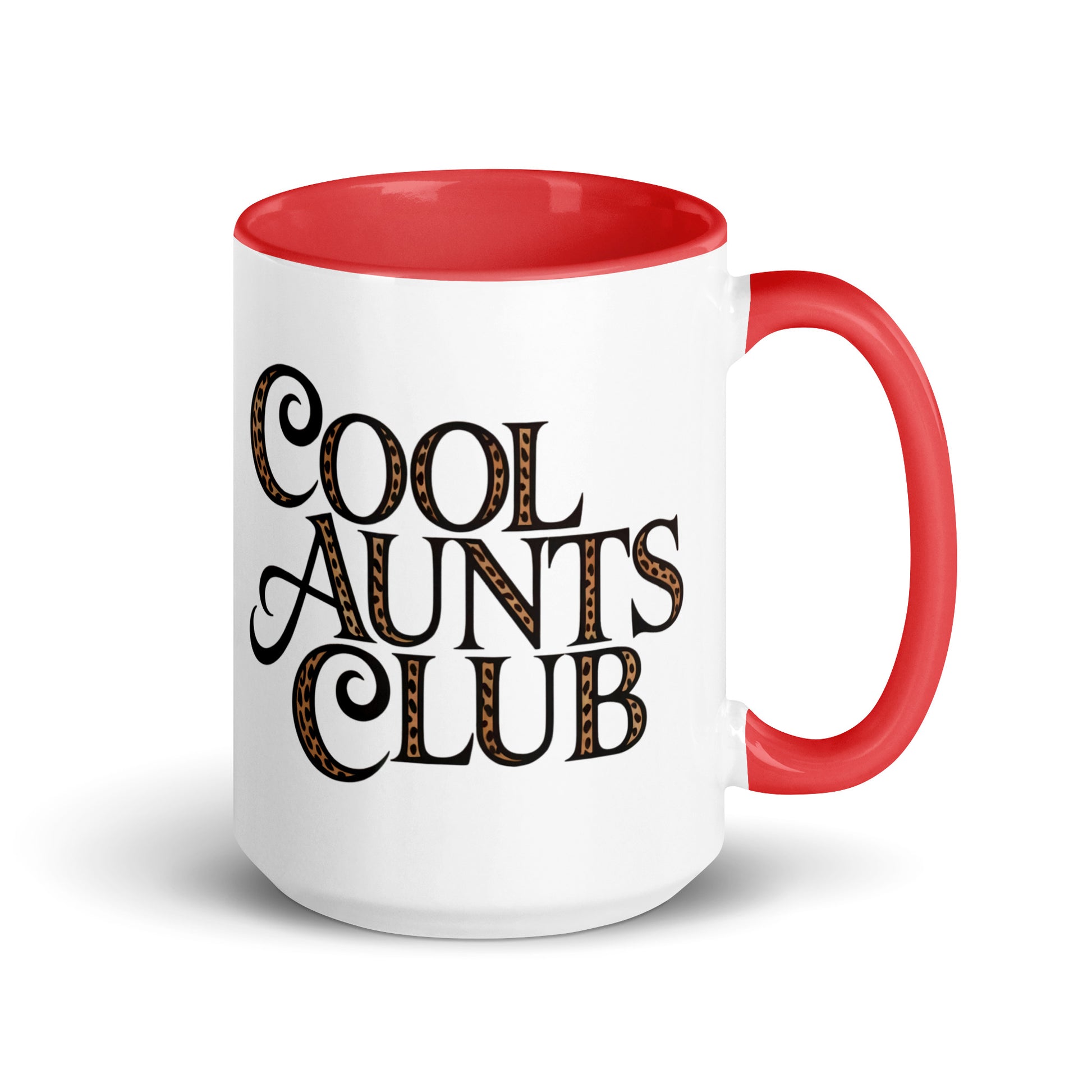 Cool Aunts Club Accent Coffee Mug by Spinsterly Co with glossy ceramic finish, red interior and leopard print fill