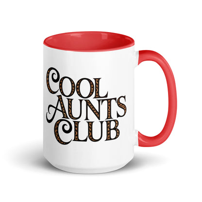 Cool Aunts Club Accent Coffee Mug by Spinsterly Co with glossy ceramic finish, red interior and leopard print fill