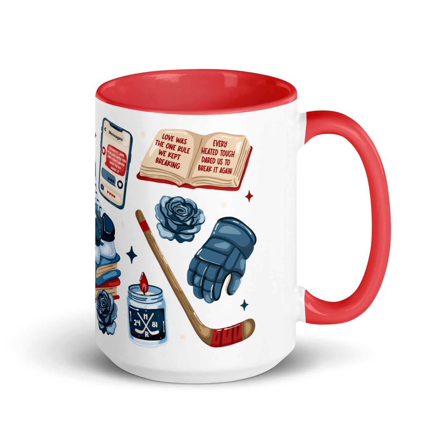 Queer Hockey Romance Scatter Pattern Accent Coffee Mug by Spinsterly Co, glossy ceramic with red interior