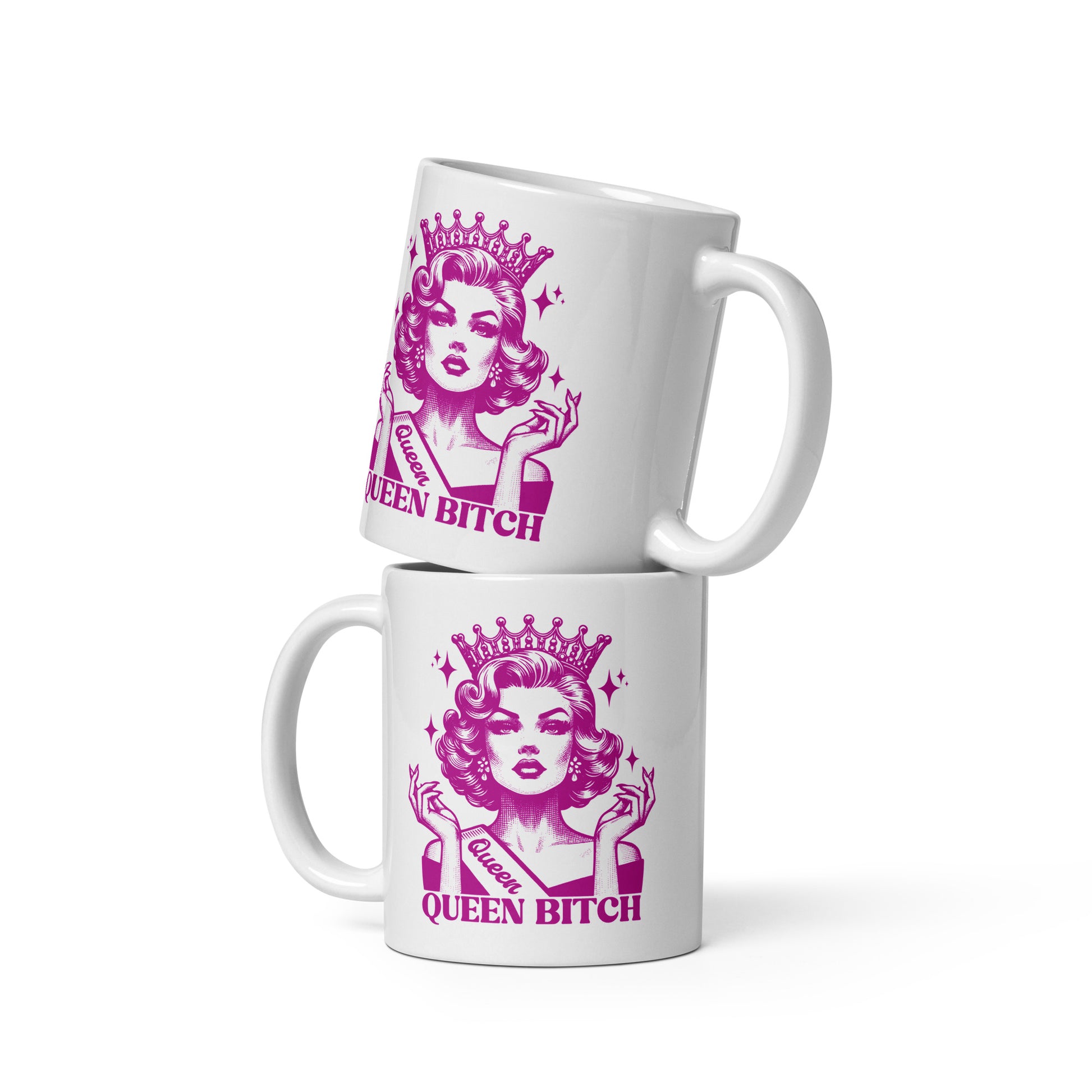 Queen Bitch White Glossy Coffee Mug Spinsterly Co crowned retro queen illustration on white glossy ceramic mug