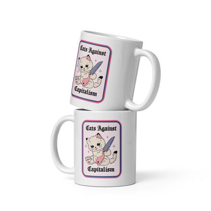 Cats Against Capitalism Glossy White Coffee Mug by Spinsterly Co with double sided protest cat print