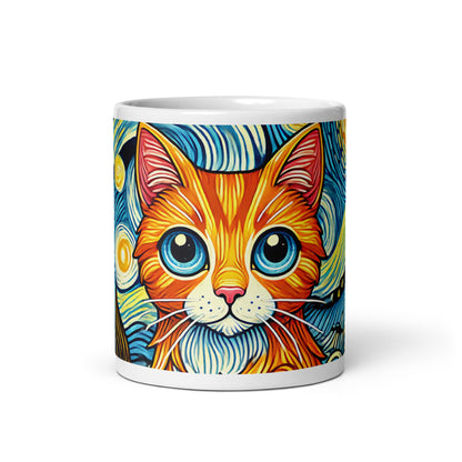 Starry Night Cat Glossy White Coffee Mug by Spinsterly Co, glossy ceramic with wrap-around night-sky cat art