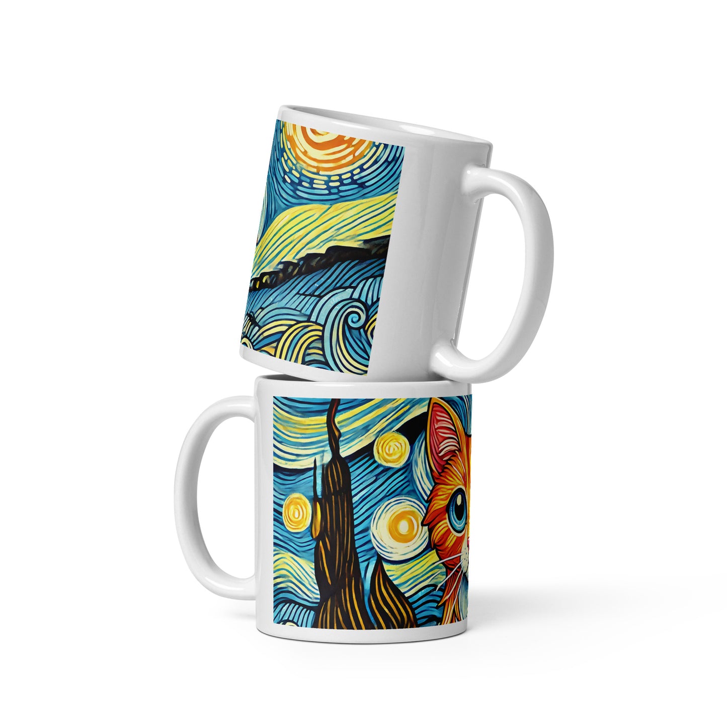Starry Night Cat Glossy White Coffee Mug Spinsterly Co ceramic mug with wrap-around night-sky cat art