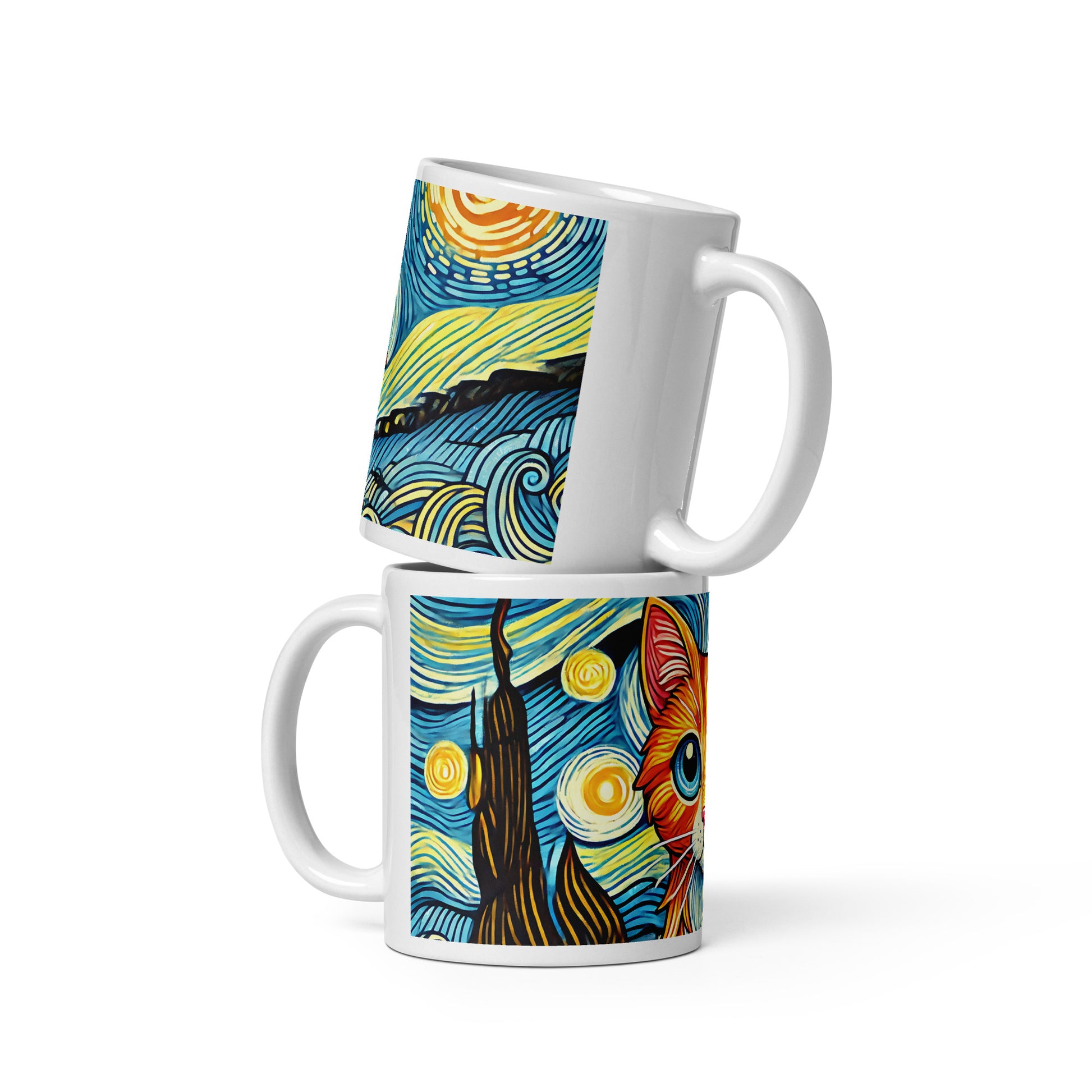 Starry Night Cat Glossy White Coffee Mug Spinsterly Co ceramic mug with wrap-around night-sky cat art