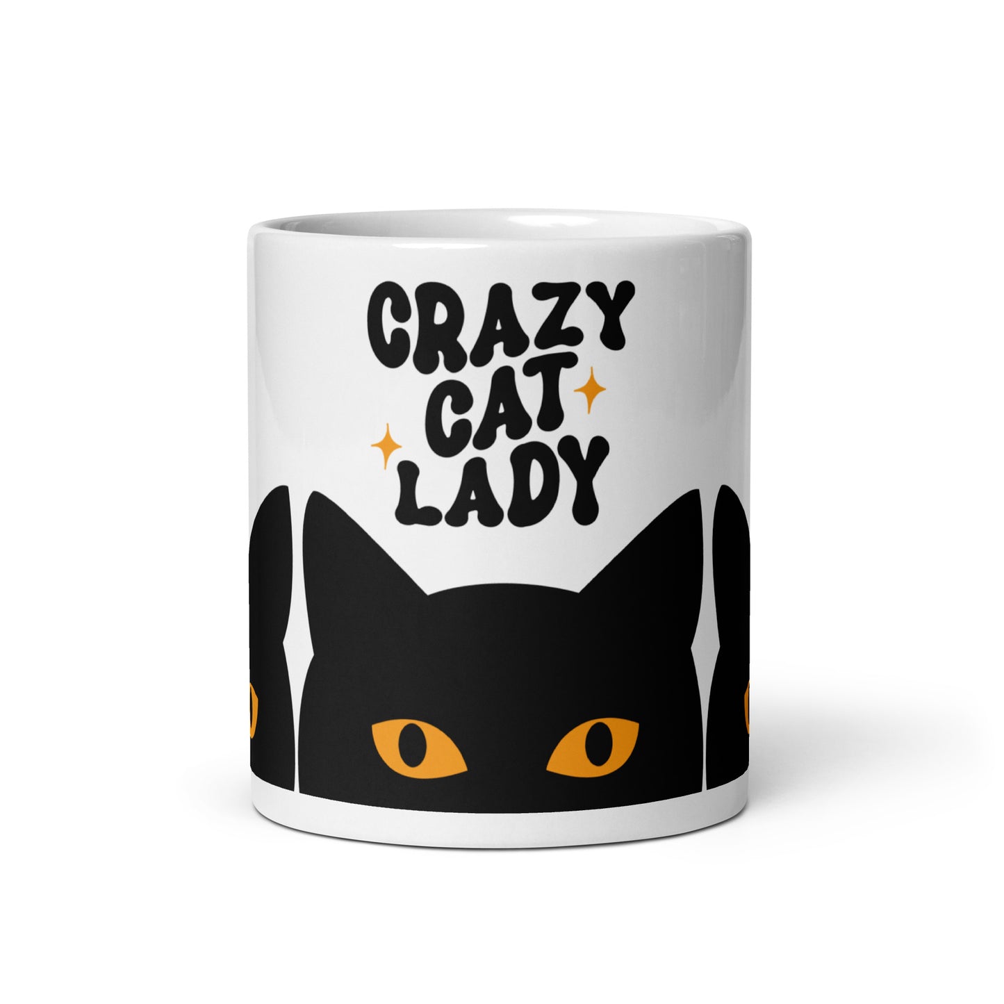 Crazy Cat Lady Peeking Black Cat Glossy White Coffee Mug by Spinsterly Co with peeking cat graphic and orange eyes