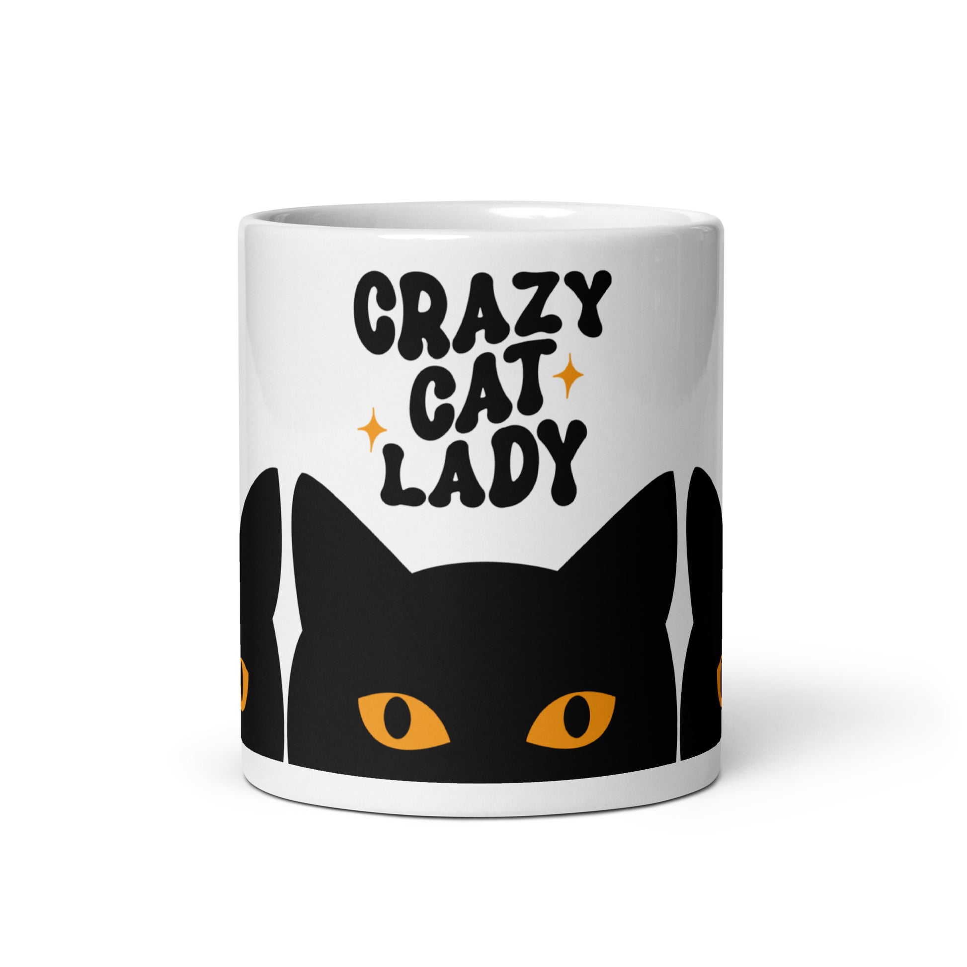 Crazy Cat Lady Peeking Black Cat Glossy White Coffee Mug by Spinsterly Co with peeking cat graphic and orange eyes