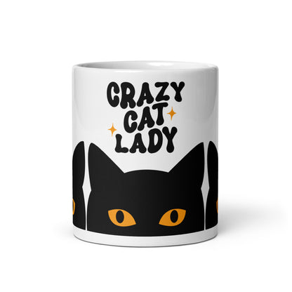 Crazy Cat Lady Peeking Black Cat Glossy White Coffee Mug by Spinsterly Co with peeking cat graphic and orange eyes