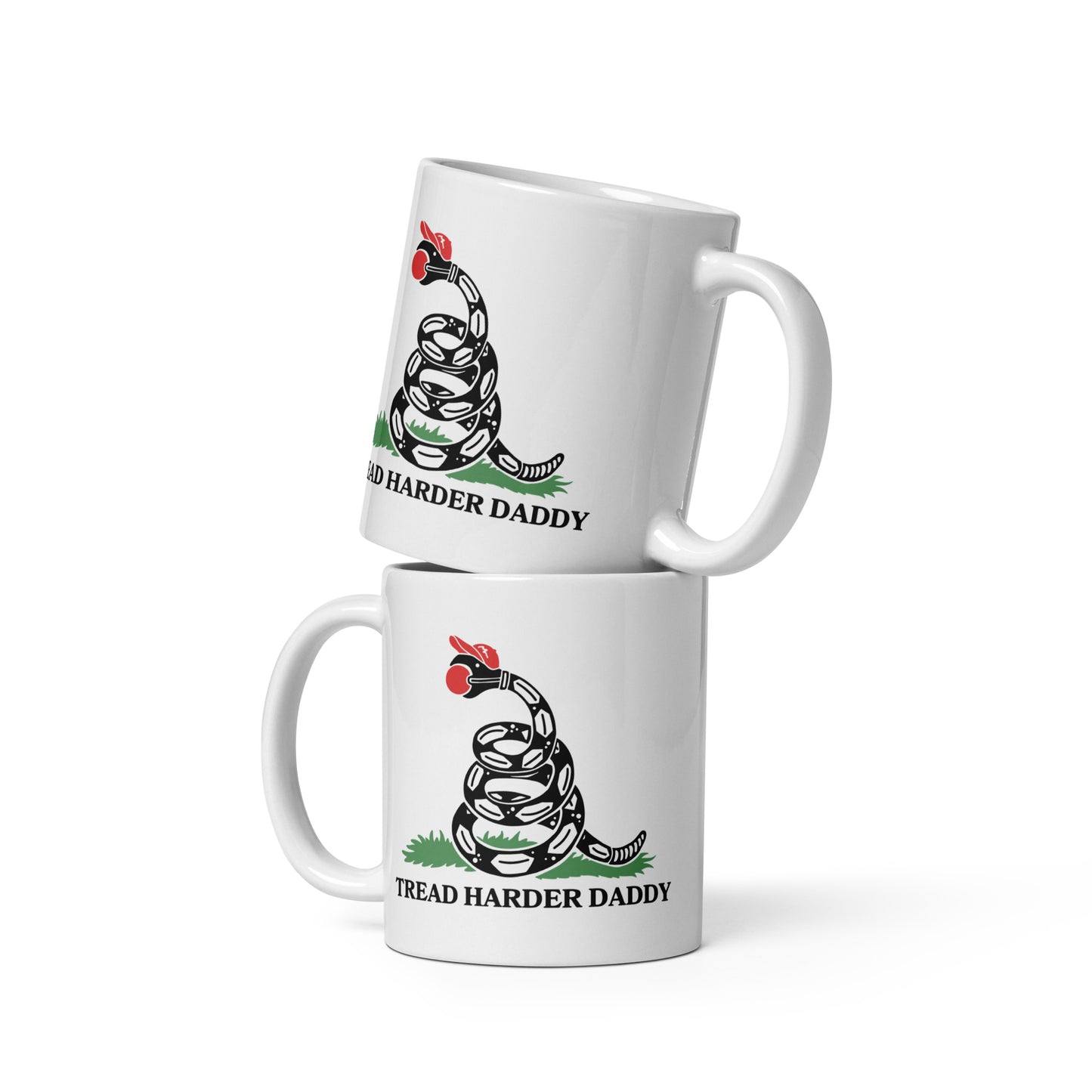 Tread Harder Daddy Coiled Snake Parody White Glossy Mug by Spinsterly Co, glossy ceramic with printed graphic
