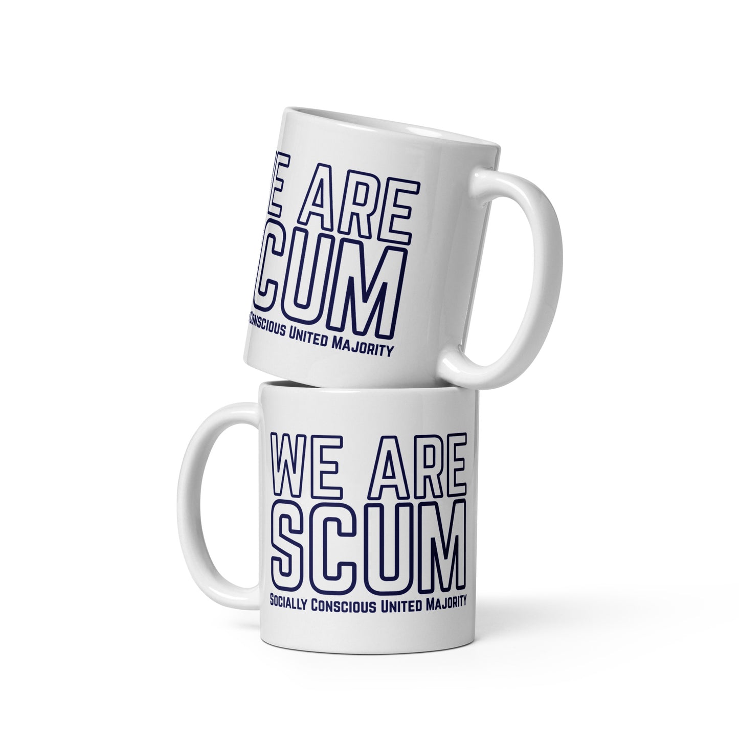 We Are SCUM Socially Conscious United Majority White Glossy Mug by Spinsterly Co, glossy ceramic with blue text