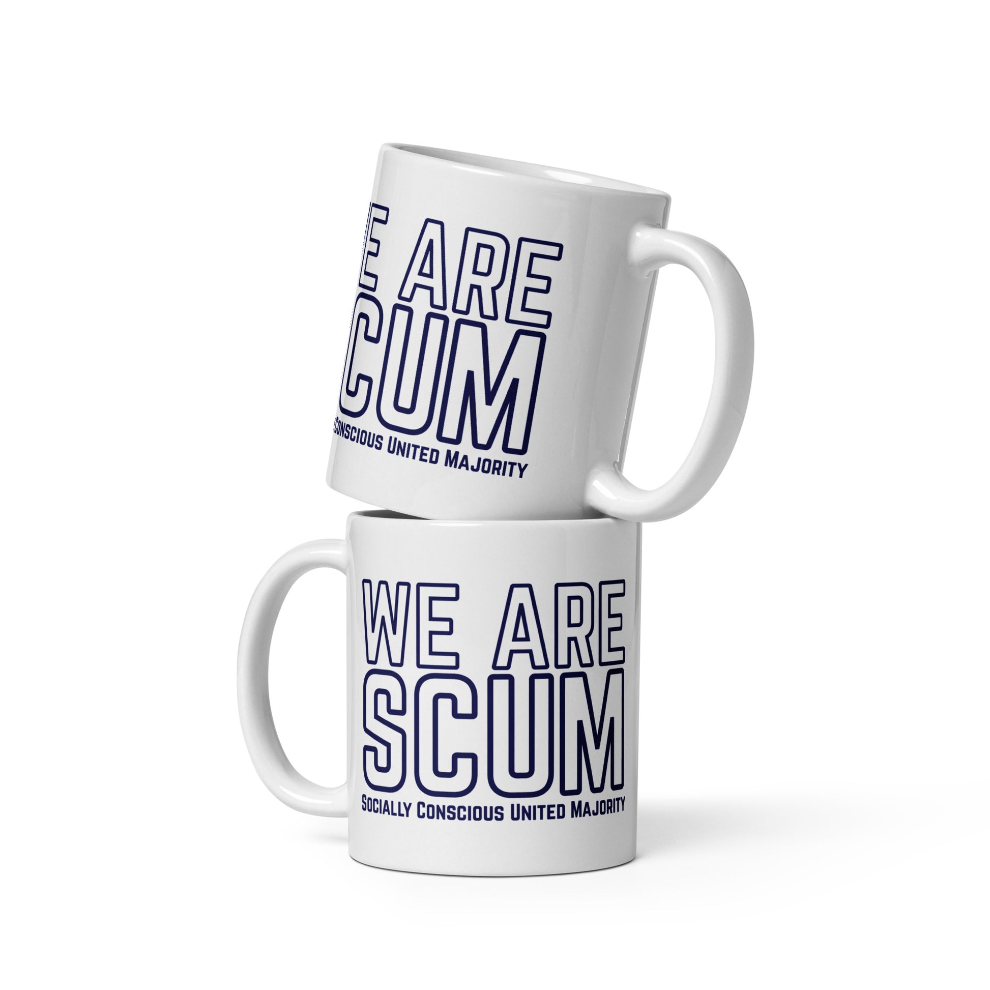 We Are SCUM Socially Conscious United Majority White Glossy Mug by Spinsterly Co, glossy ceramic with blue text