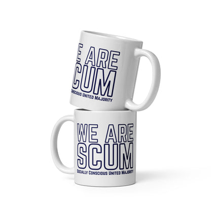We Are SCUM Socially Conscious United Majority White Glossy Mug by Spinsterly Co, glossy ceramic with blue text