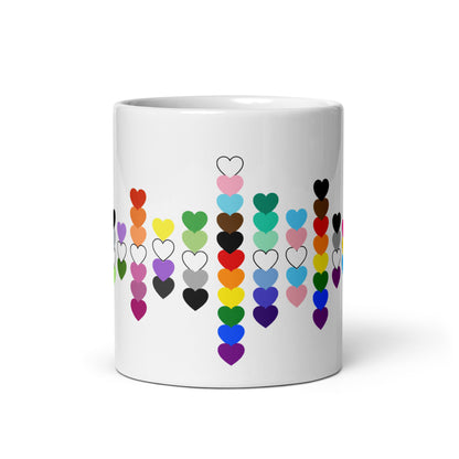 LGBTQIA Pride Flag Hearts White Glossy Mug by Spinsterly Co, ceramic mug with heart scatter design