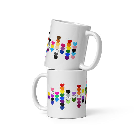 LGBTQIA Pride Flag Hearts White Glossy Mug by Spinsterly Co, ceramic with colorful heart scatter