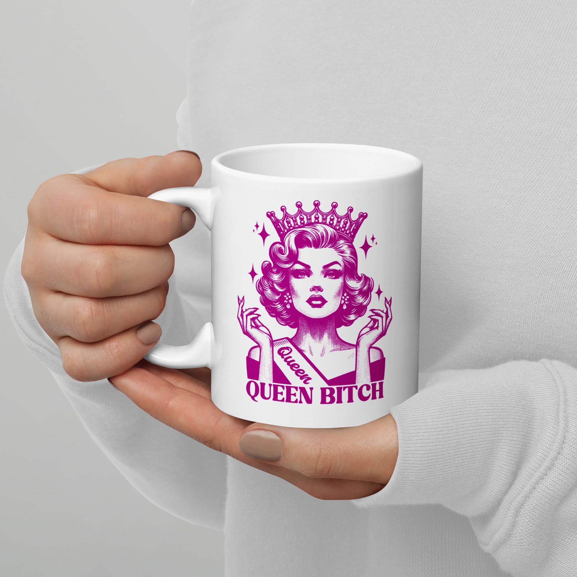 Queen Bitch White Glossy Coffee Mug by Spinsterly Co with crowned retro queen pink illustration on white ceramic