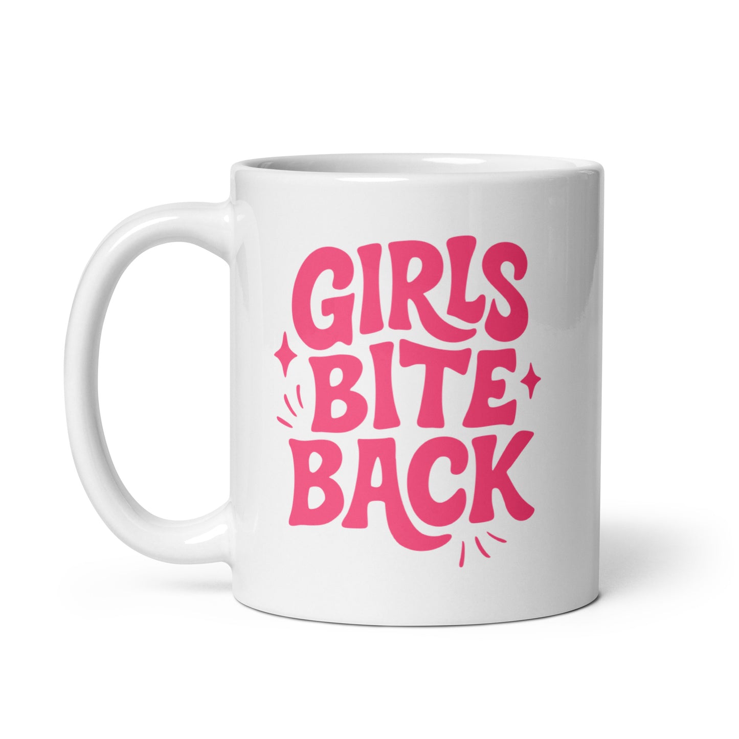 Girls Bite Back Glossy White Coffee Mug by Spinsterly Co, glossy white ceramic with pink double sided text
